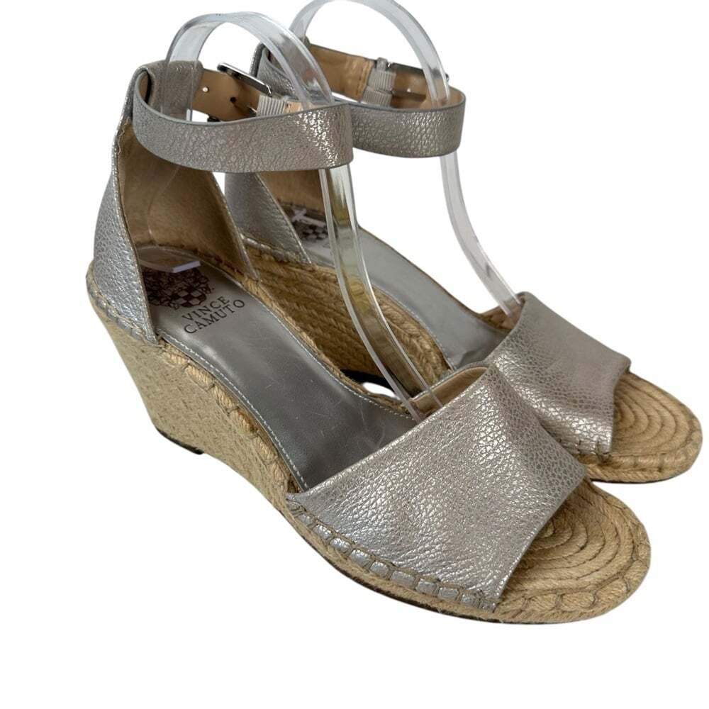 Vince Camuto Leera Silver Espadrille Wedge Sandals Womens Size 10 Metallic Luxe